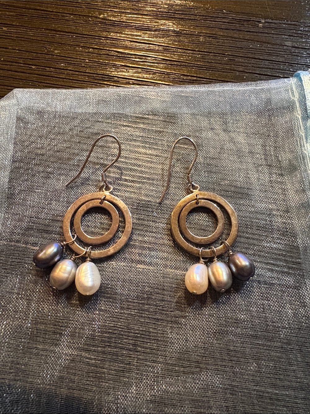 Sterling Silver Double-Ring Drop Earrings with Pearl Charms - Ivory & Gray